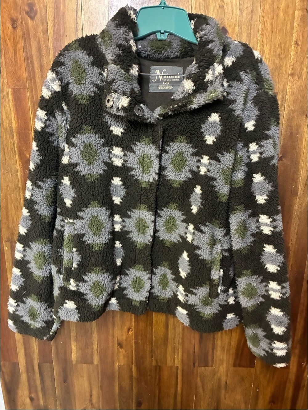 Natural Reflections L Sherpa Fleece Jacket Southwestern Aztec Cozy Snap Coat